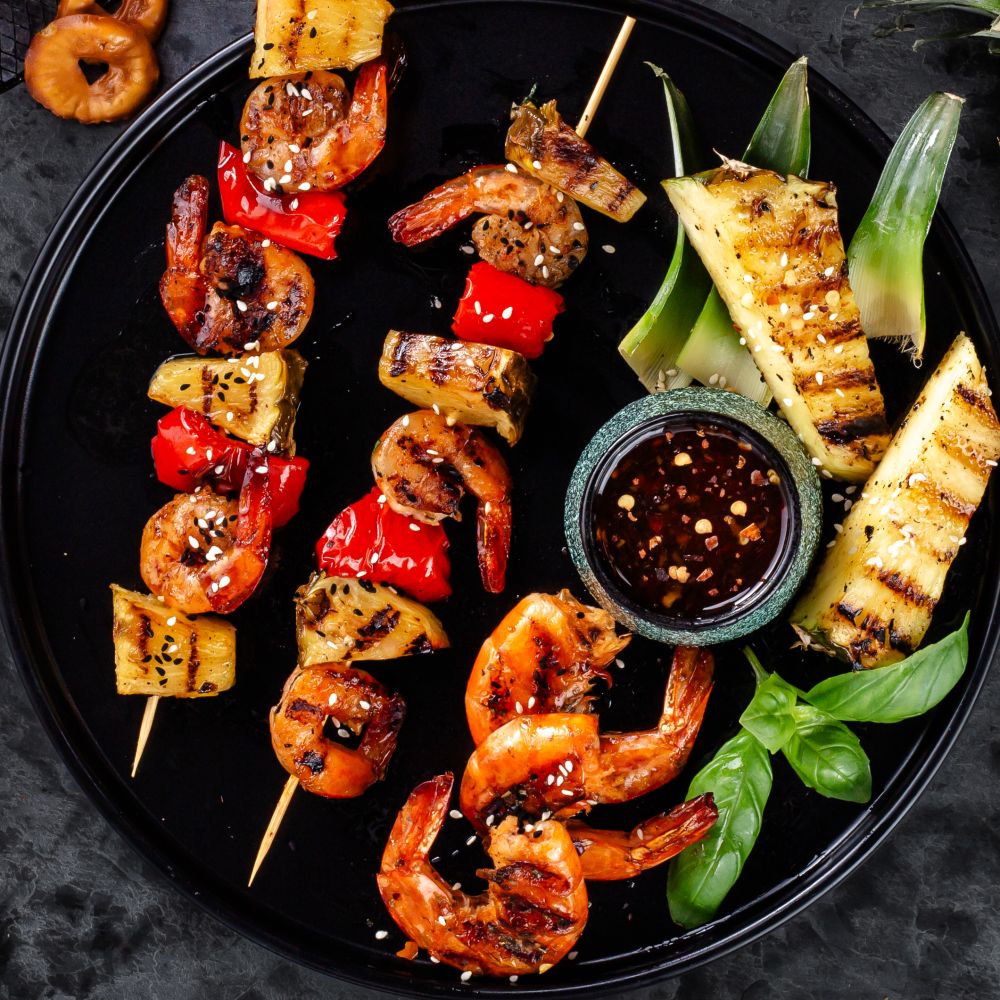 Tropical shrimp and grilled pineapple skewers